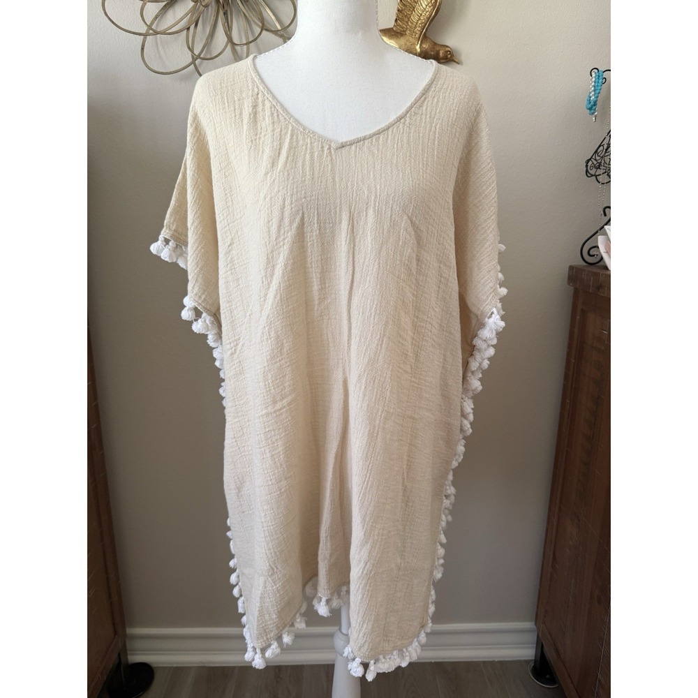 Tuckernuck M/L Cream Gauze Pom Pom Cover Up Kaftan Beach Tunic Oversized